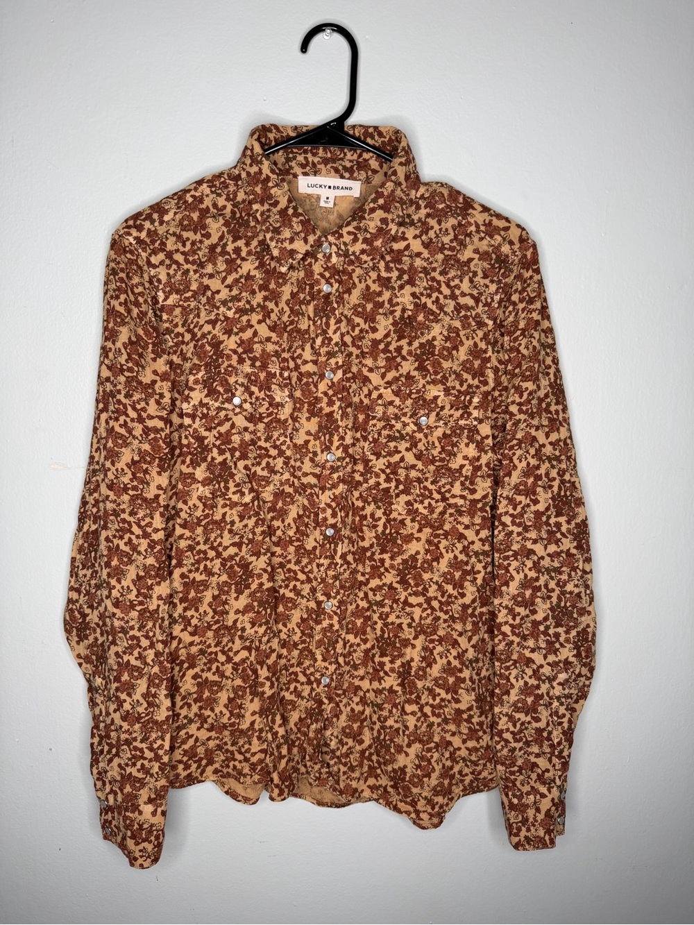 lucky brand women long sleeve western snap shirt size medium floral gauze brown